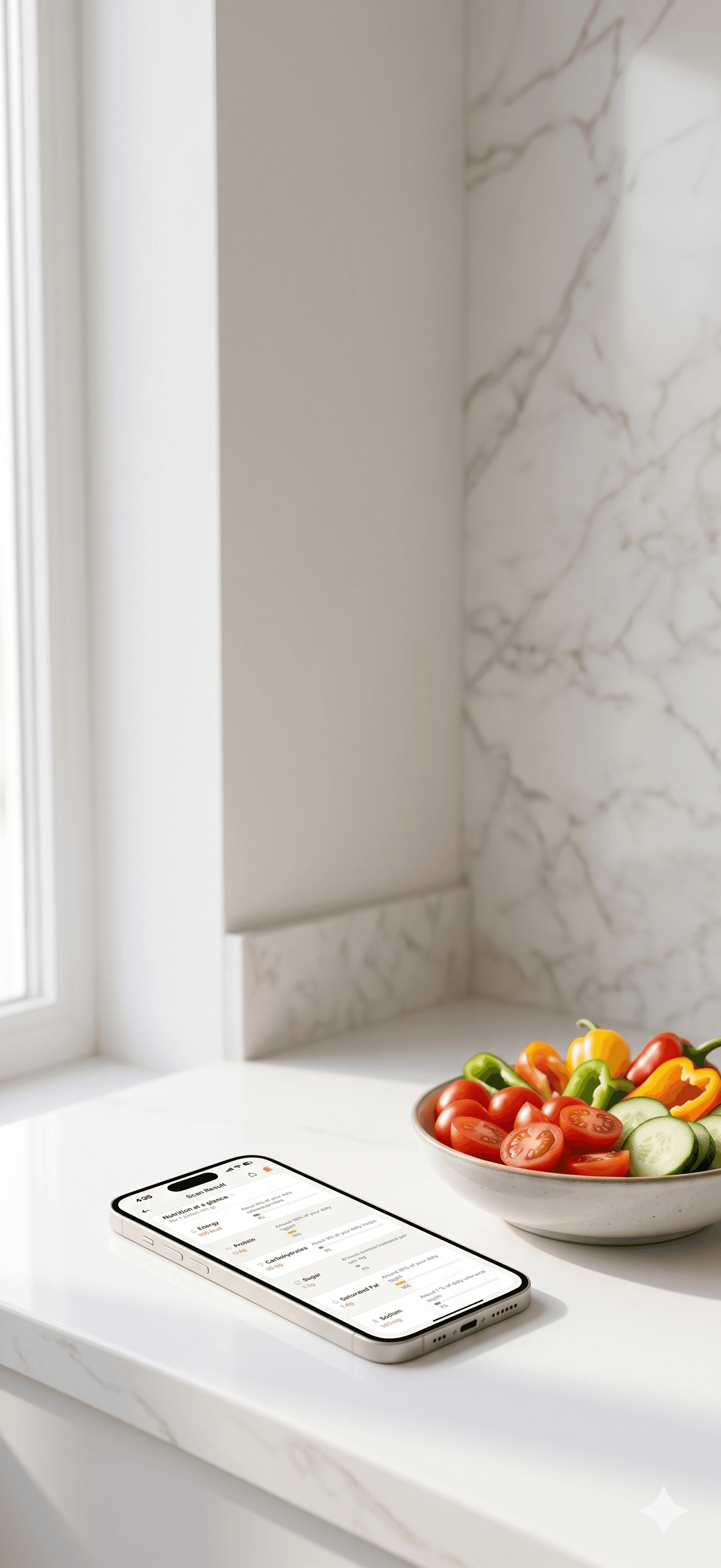Smartphone displaying nutrition data next to a bowl of fresh vegetables on a marble countertop.