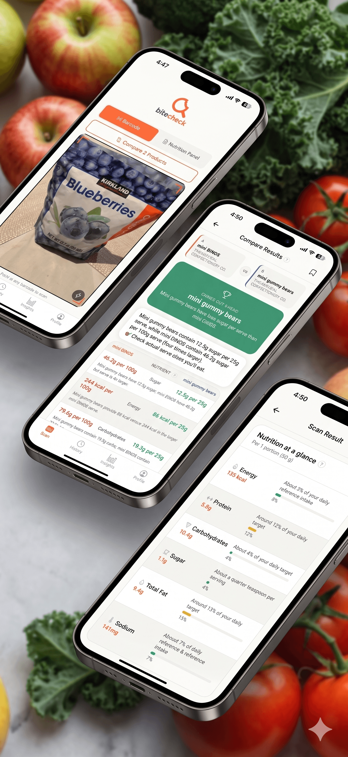 Three smartphones showing bitecheck app's nutrition scanning and comparison screens surrounded by fresh produce.